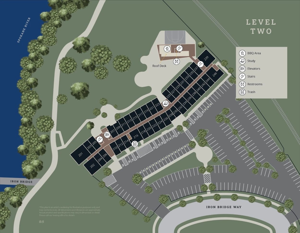 The layout of the Ironside apartments has a long hallway of small units marked by a stairway at each end.