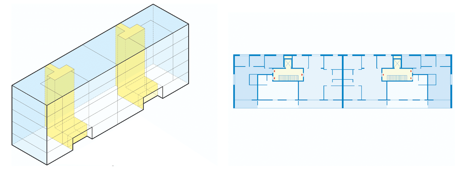 Designs with a stairway into each unit rather than hallway connections. 