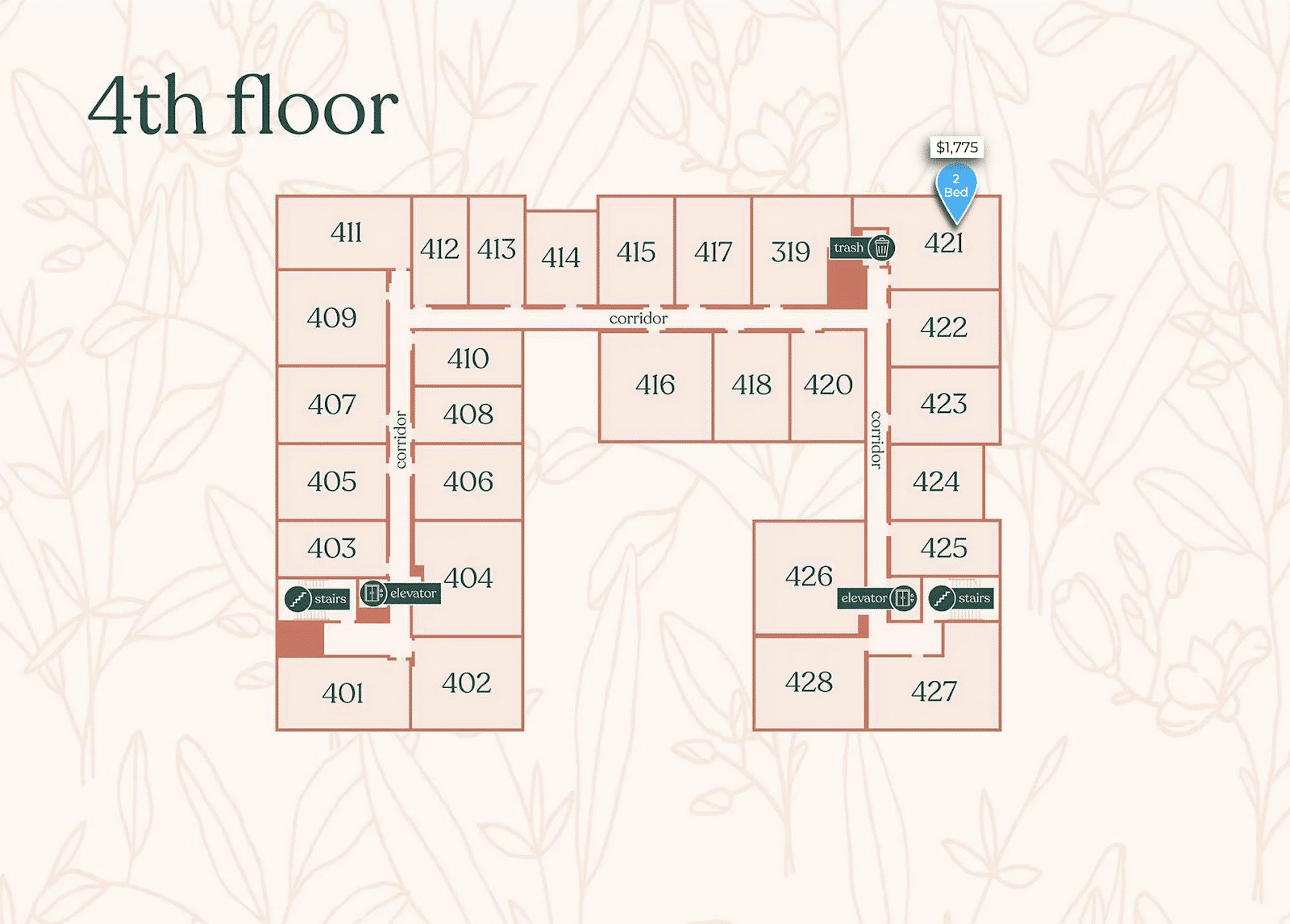 the corridor cutting through the apartments with a stairway at each end limits the size of the apartments and makes it harder to create family housing. 