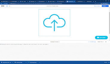 Gif that shows two different event handlers interacting. Event one, blue arrow to cloud turns to grey. Event two is a gif with text “Uploading…”