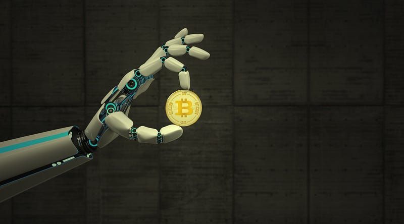 Depicts a robotic hand holding a stylized Bitcoin, shaped like a coin. Title image for the series Coinbase Crypto Trading Bot