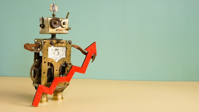 Cute little clockwork robot holding a red arrow with steps point up