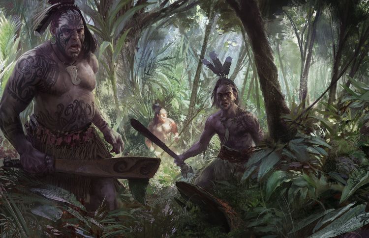 Polynesian warriors with traditional attire and weapons