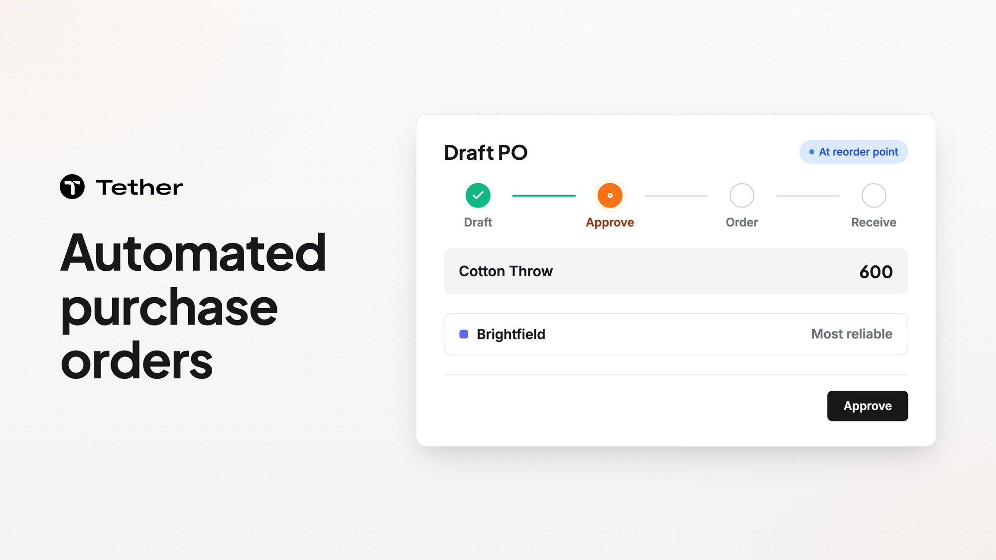 Automated purchase orders next to a Cotton Throw draft PO at its reorder point and its steps from draft to receipt