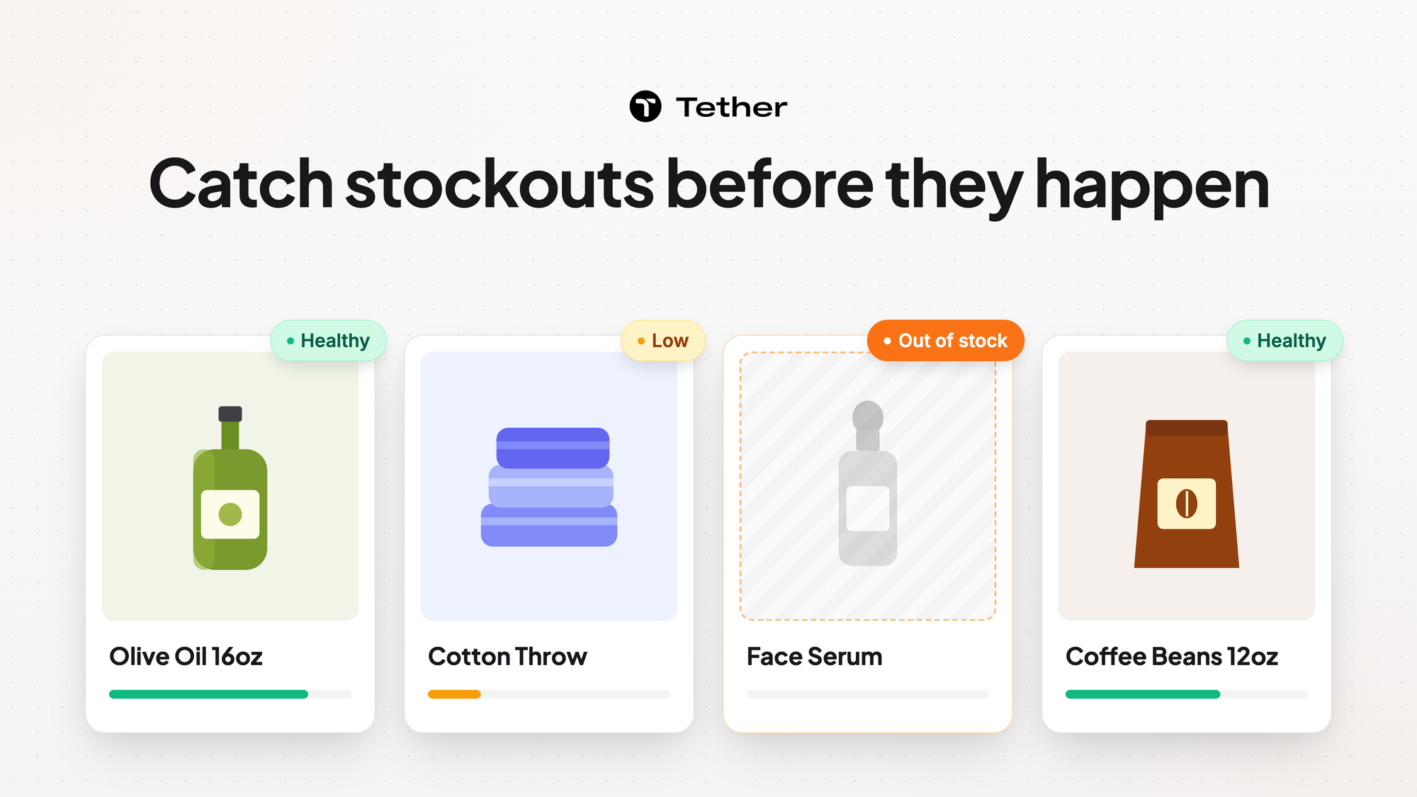 Catch stockouts before they happen headline above four product cards with healthy, low, and out-of-stock badges