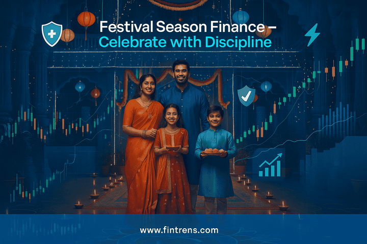 Festive family feature image showing men, women, and kids in colourful new dresses celebrating together with diyas and sweets, with fintech candlestick overlays — Firefly by Fintrens.”