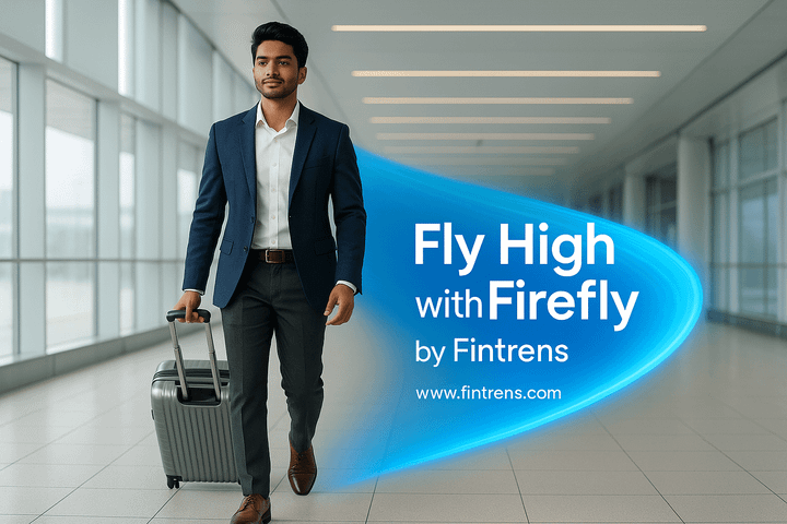 Confident young Indian man pulling trolley bag in premium airport with blue trail reading ‘Fly High with Firefly by Fintrens’ — www.fintrens.com