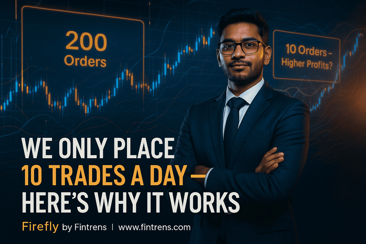 Curious Indian trader looking at digital trading dashboard comparing 10 vs 200 orders, with Firefly by Fintrens branding.