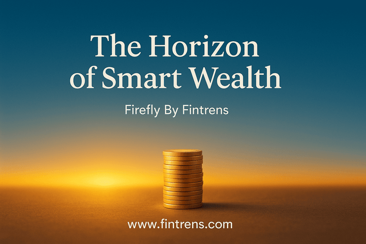 Stack of gold coins under a glowing golden horizon that fades into a Fintrens blue sky, symbolising smart investing and long-term wealth creation with the text ‘The Horizon of Smart Wealth.’