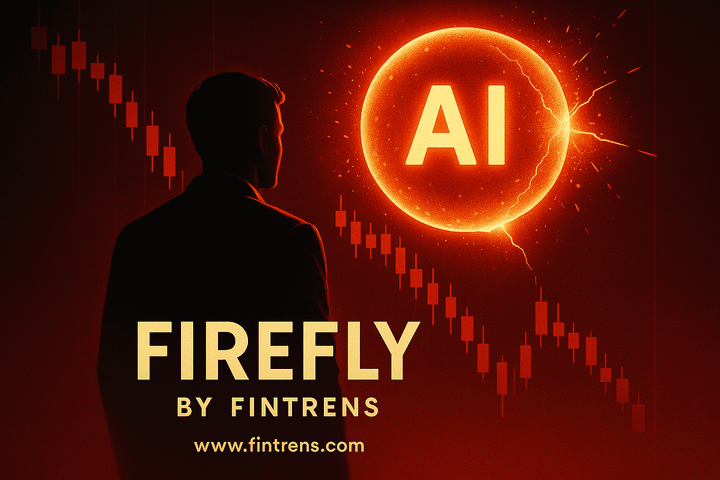 Silhouette of a trader watching a glowing AI sphere with falling candlestick charts — Firefly by Fintrens logo and www.fintrens.com  text in gold tones symbolising the AI market bubble.