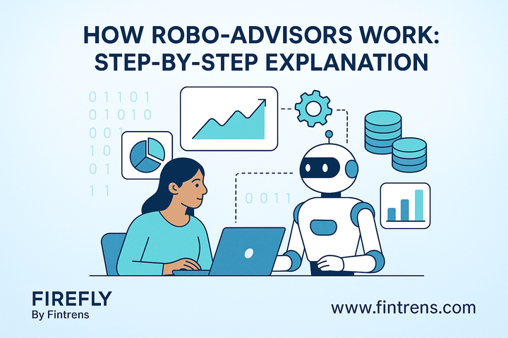 A woman using a laptop while a robo-advisor robot explains investment charts and data visualisations, representing automated investing by Fintrens Firefly.