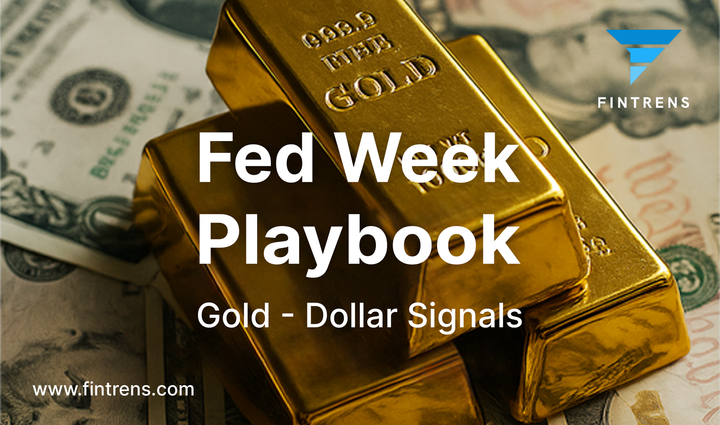 “Gold bars on U.S. dollar bills with text ‘Fed Week Playbook’ and ‘Gold–Dollar Signals,’ plus Fintrens logo and website.”
