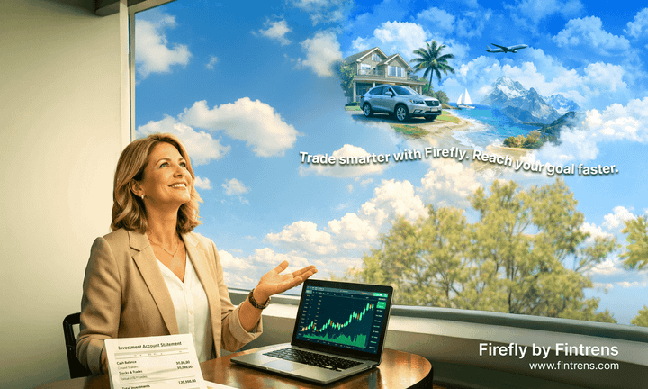 Woman in an office views a laptop with rising trading charts, looking toward images of a home, car, and travel goals. Firefly by Fintrens branding appears.