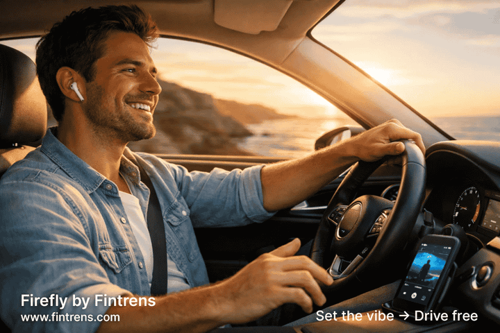 A man drives a coastal road at sunset, relaxed and smiling. Wireless earbuds play music automatically from his dashboard-mounted phone—hands-free calm, powered by Firefly by Fintrens.