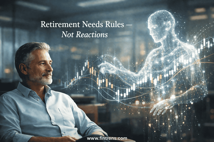 “An older man watching a glowing digital figure with market charts. Text: ‘Retirement Needs Rules — Not Reactions.’ Fintrens.”