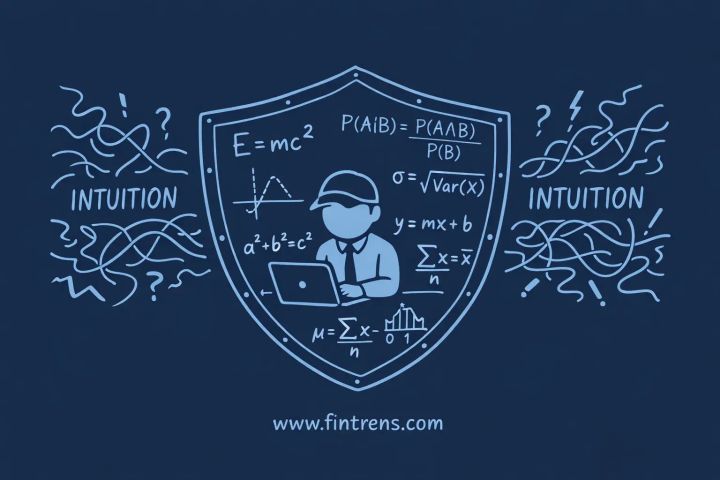 Data analyst on a laptop inside a shield with math formulas; chaotic “Intuition” lines outside. fintrens.com at the bottom on a dark blue background.
