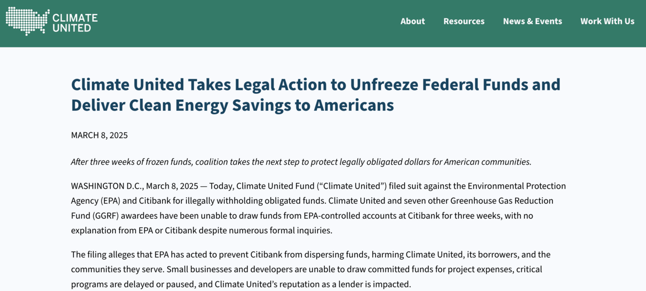 Image source: https://weareclimateunited.org/news/climate-united-takes-legal-action-to-unfreeze-federal-funds