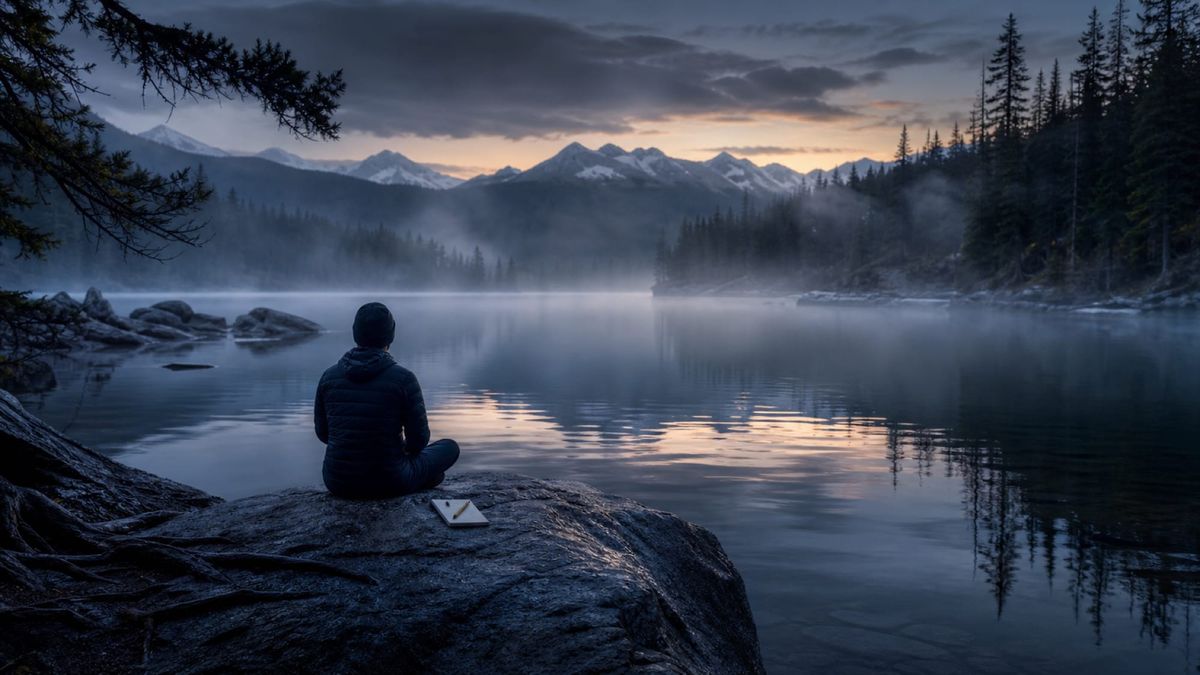 A person sits in stillness on a rock at the edge of a misty mountain lake at dawn.