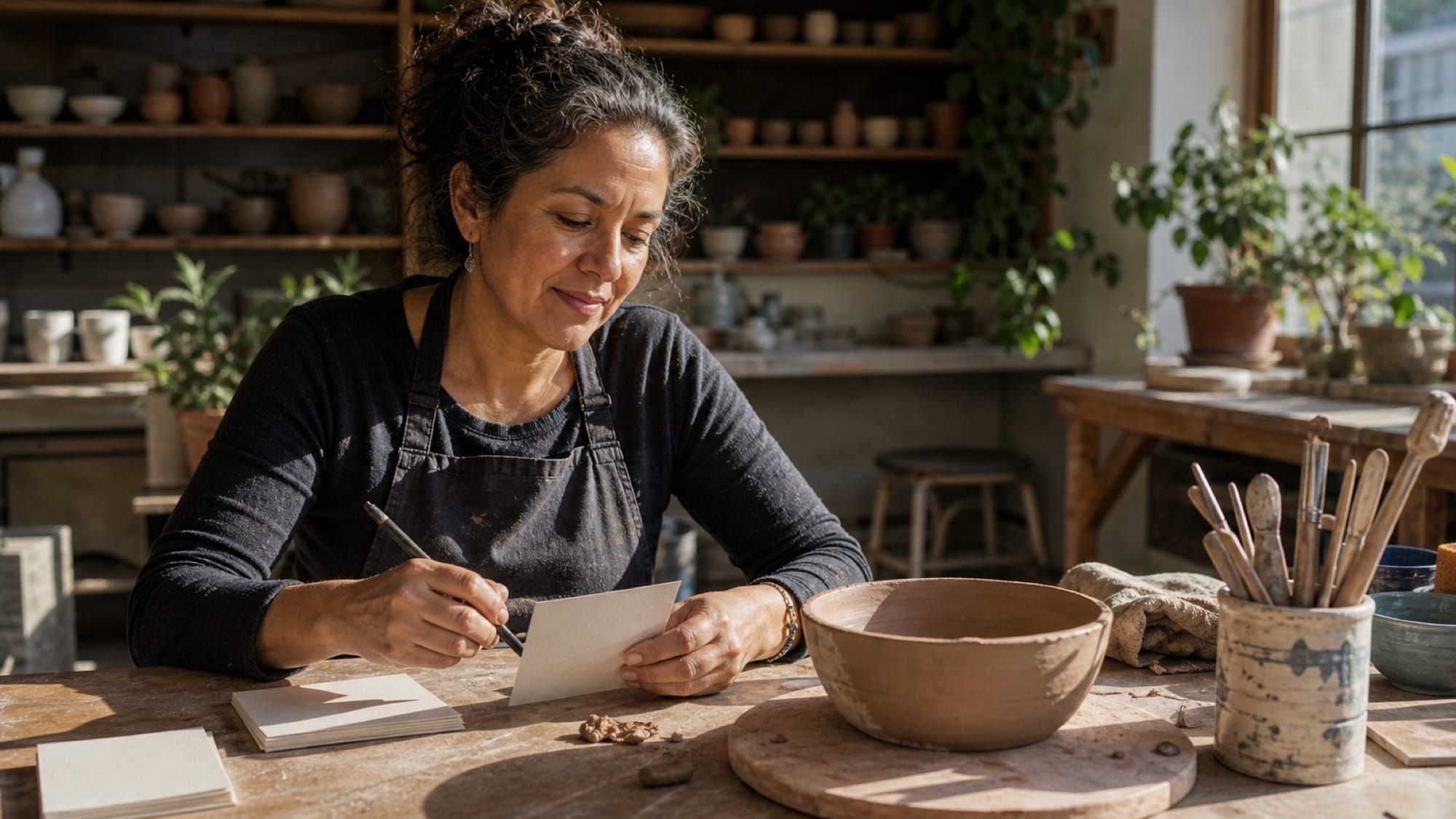 A woman in a pottery studio writes on a small card at her workbench.