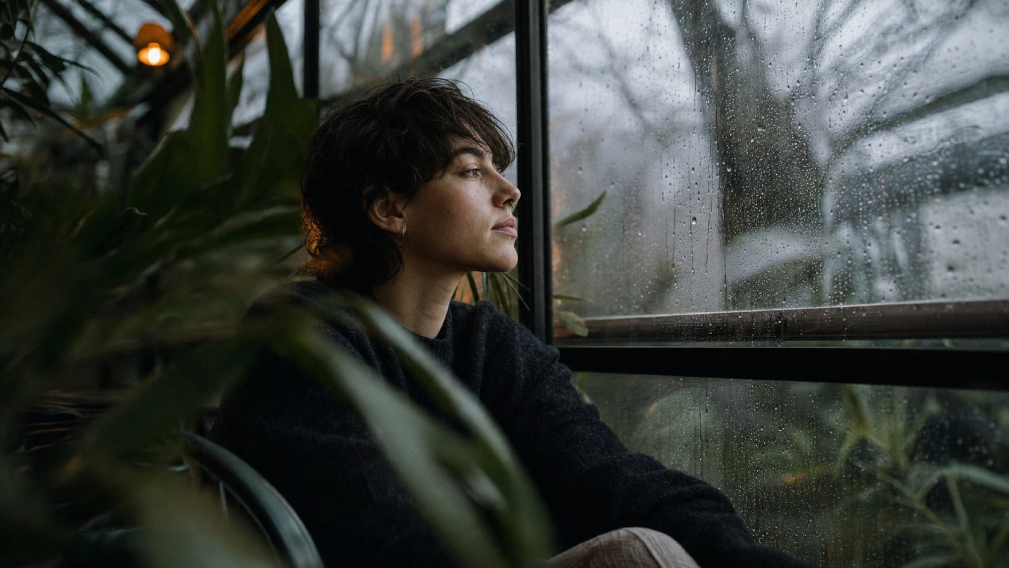 A young person sits calmly among houseplants, gazing out a rain-streaked window.