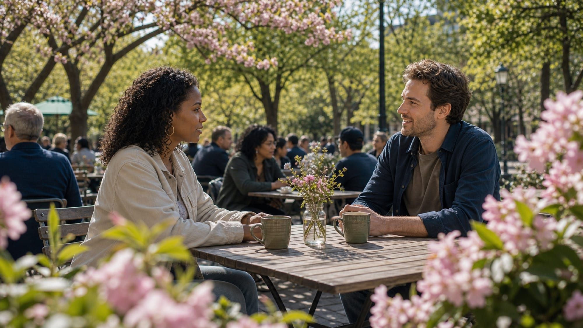 Two people share a warm conversation over coffee at an outdoor cafe in spring.