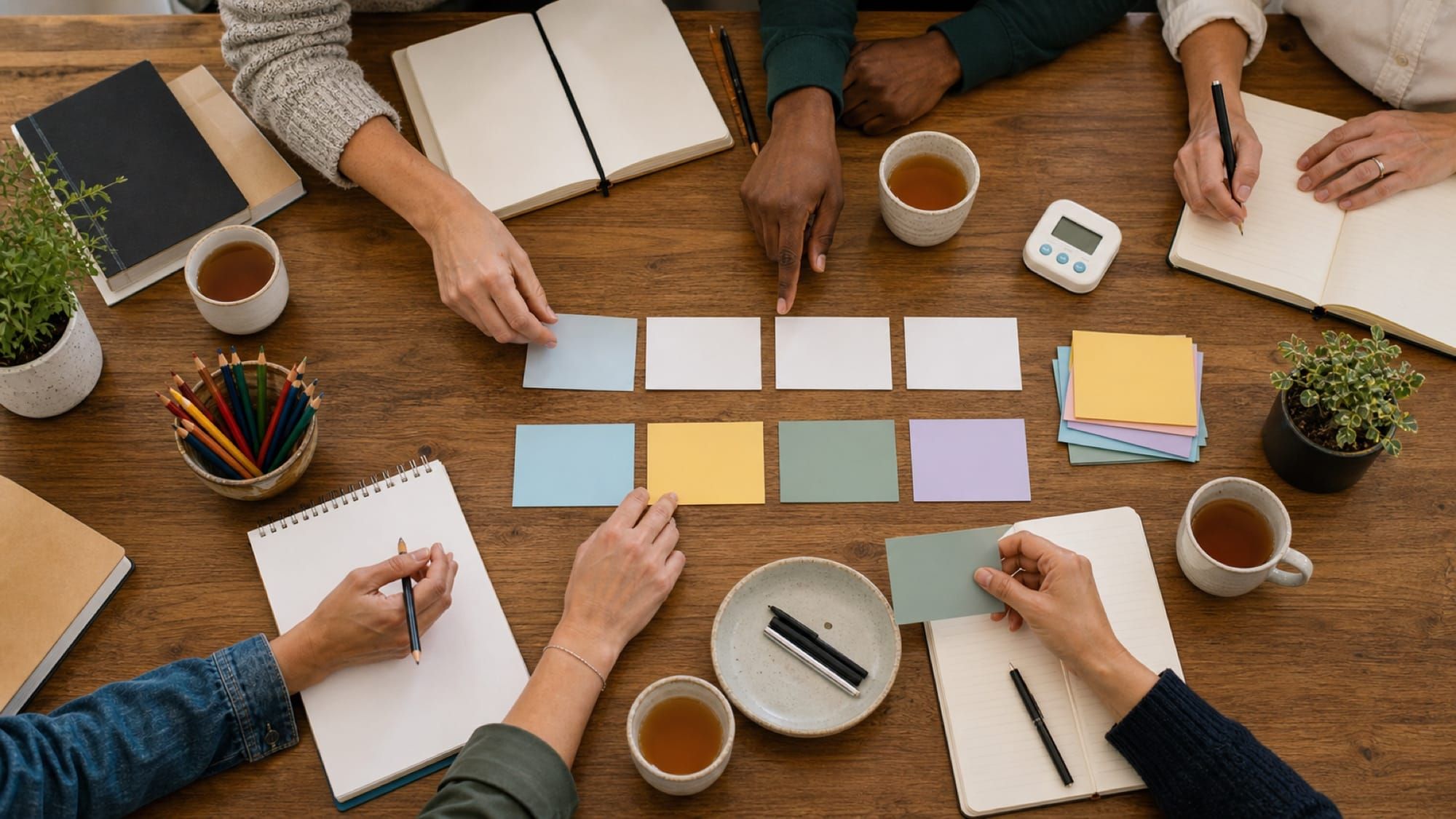 Seen from above, several pairs of hands sort colored cards and notebooks across a wooden table.