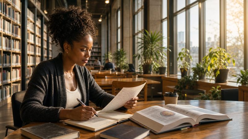A woman reads documents and takes notes among books at a sunlit library table.