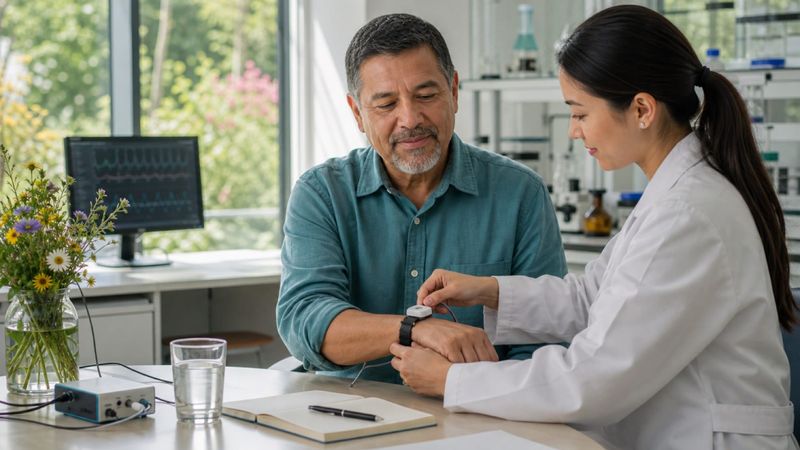 A researcher fits a wrist sensor on a smiling man in a bright lab, a heart-rate trace on the monitor behind them.
