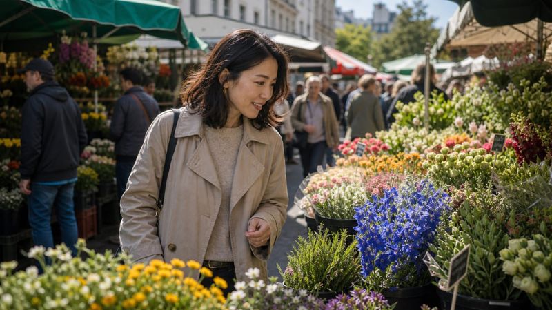 A woman pauses to notice a single bloom among the stalls of a busy outdoor flower market.