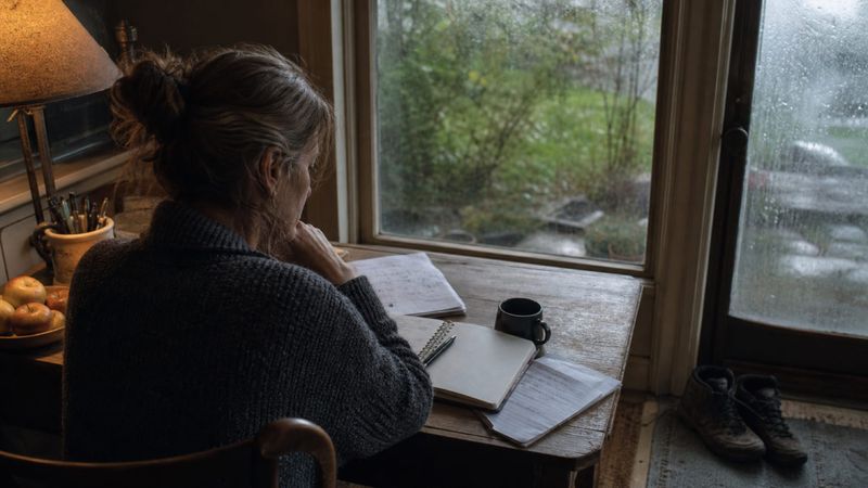 A person sits at a desk with an open journal, looking out at a rainy garden.