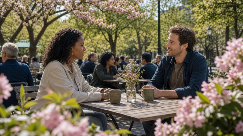 Two people share a warm conversation over coffee at an outdoor cafe in spring.
