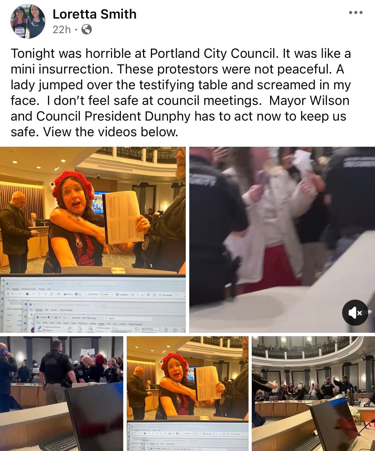 A screenshot of Smith’s post, which reads: Tonight was horrible at Portland City Council. It was like a mini insurrection. These protestors were not peaceful. A lady jumped over the testifying table and screamed in my face. I don't feel safe at council meetings. Mayor Wilson and Council President Dunphy has to act now to keep us safe. View the videos below.