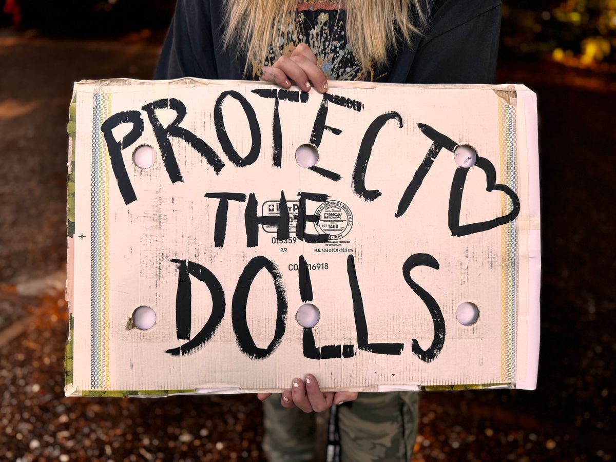 Counter protester carrying a sign in support of the trans and queer community that says "Protect the Dolls"