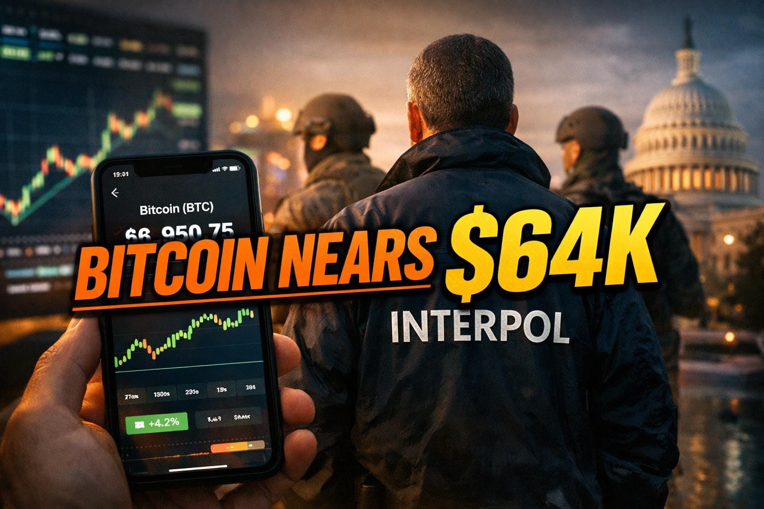 Bitcoin Nears $64K as Interpol Busts Crypto Scheme and Congress Eyes Clarity Act