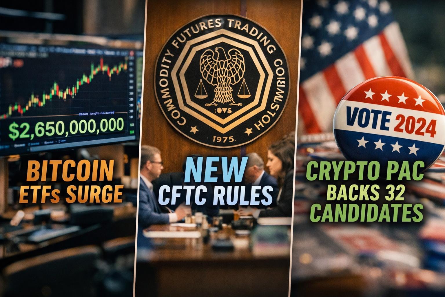Bitcoin ETFs Surge, CFTC Unveils Oversight Rules, and Crypto PAC Backs 32 House Candidates