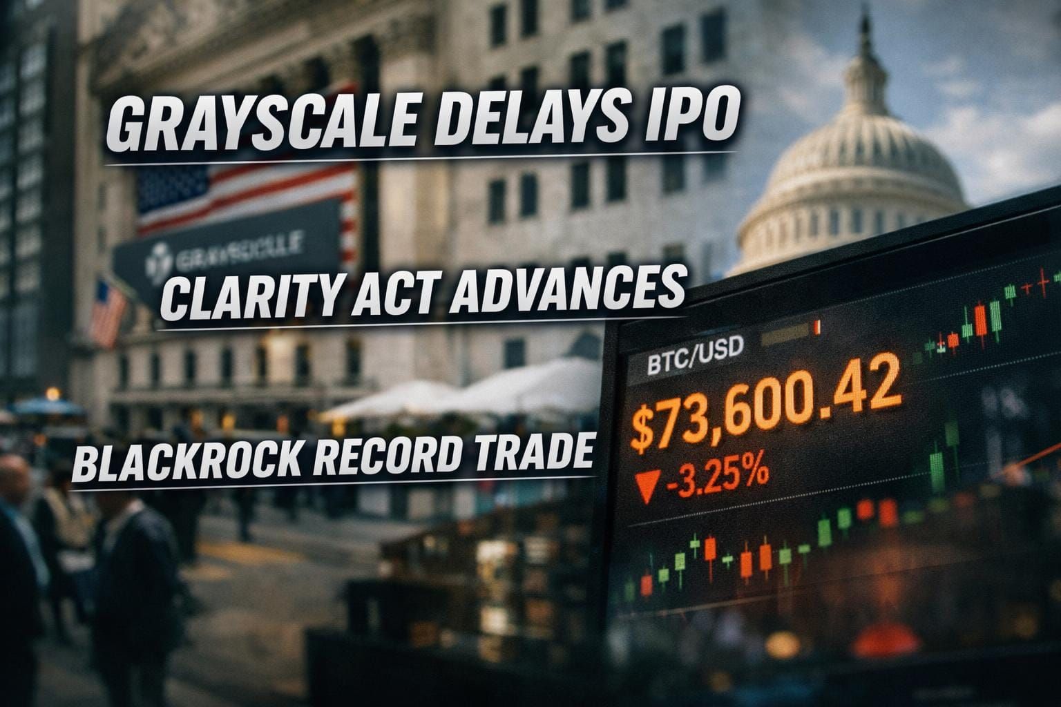 Grayscale Delays IPO, Clarity Act Advances, and BlackRock Posts Record Bitcoin Trade