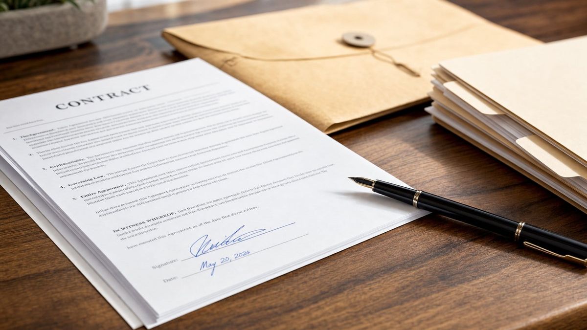 Signed contract and manila folders on a walnut desk