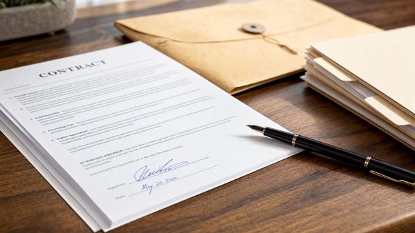 Signed contract and manila folders on a walnut desk