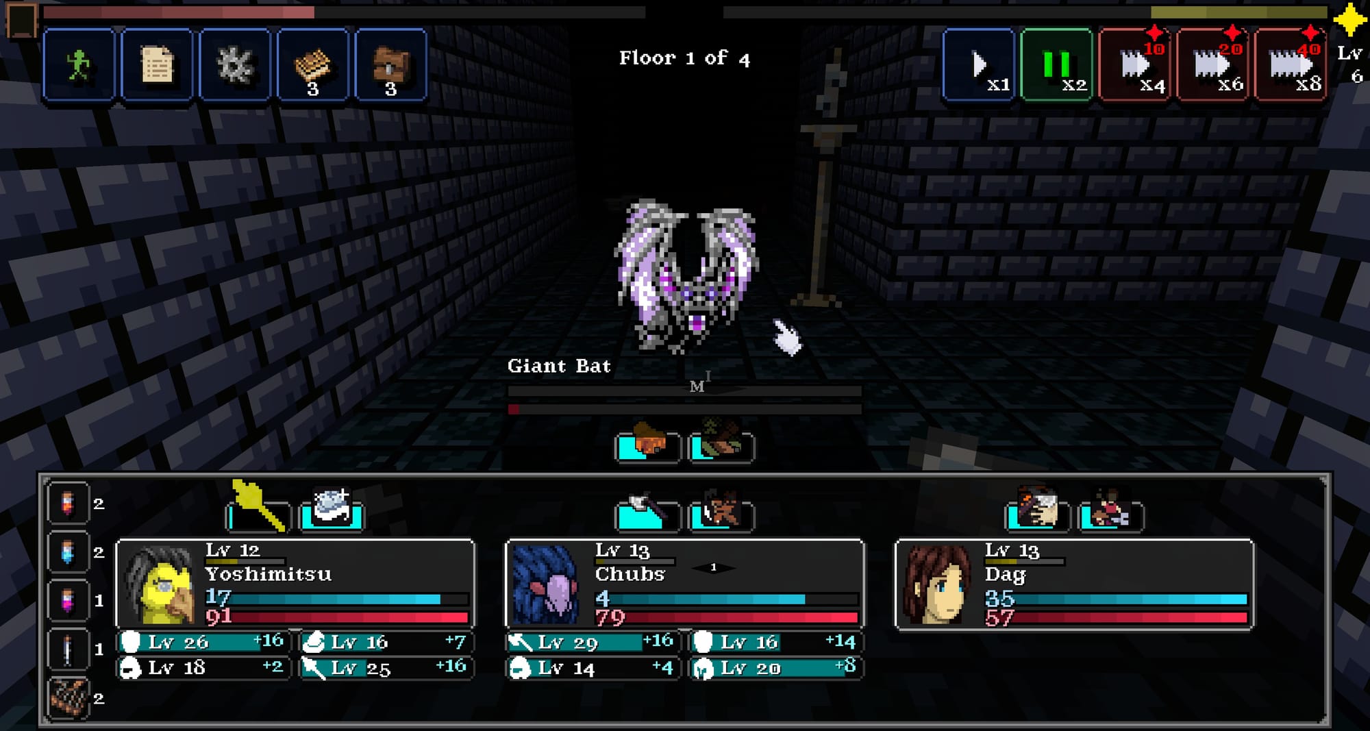 A view of an 8-bit dungeon crawler, with the main party battling a giant bat.