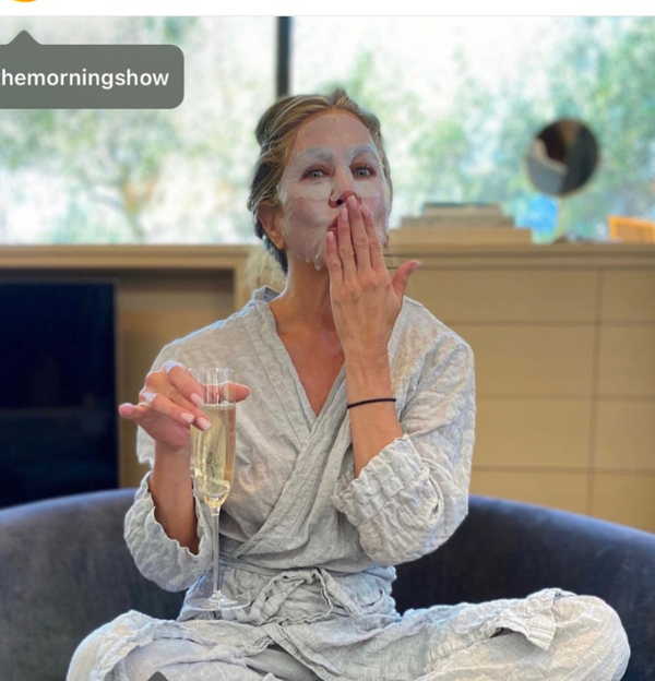 An Instagram post by Jennifer Aniston wearing pajamas