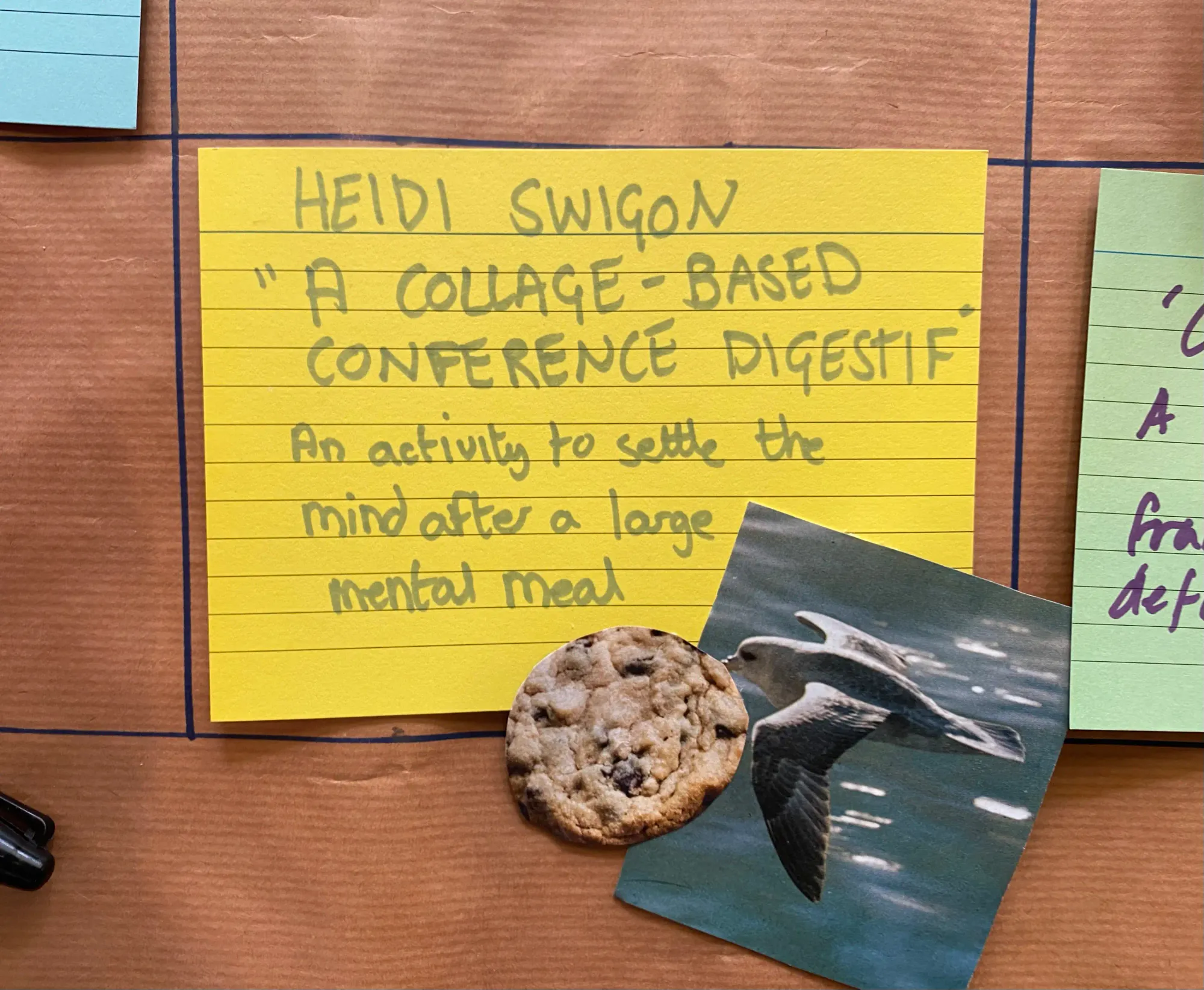 A lined yellow piece of paper stuck on brown paper. The text reads: "Heidi Swigon. A collage-based conference digestif. An activity to settle the mind after a large mental meal."