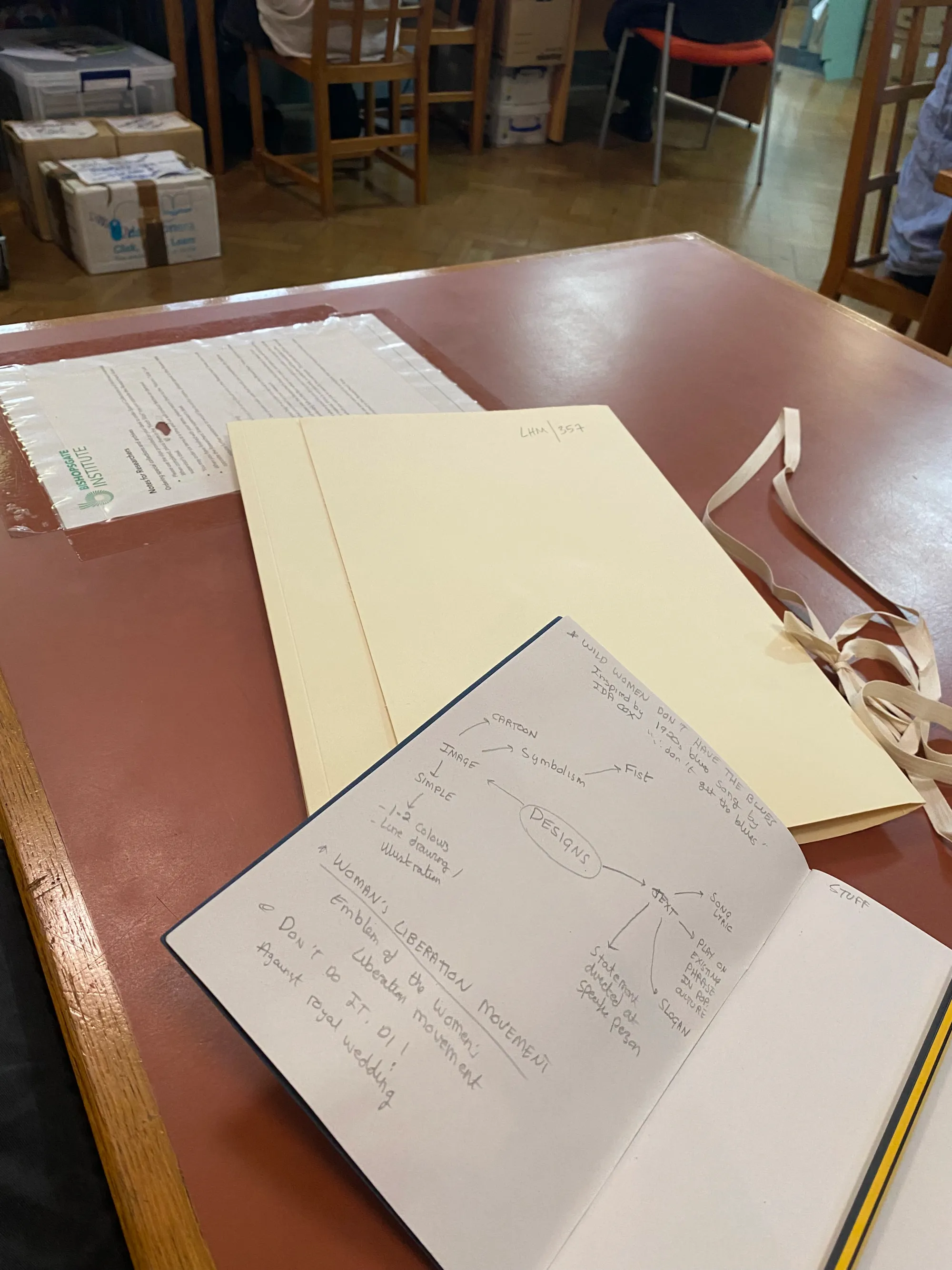 A notebook lying open on a wooden table on top of a cream card folder. The notebook as writing scribbled in pencil about badge designs.