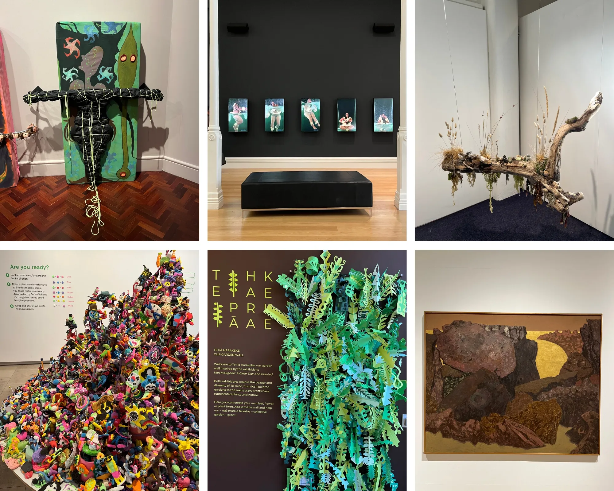 Six photographs arranged in a 2x3 grid, showing various artworks including sculpture, video, painting, and assembles made by gallery visitors.