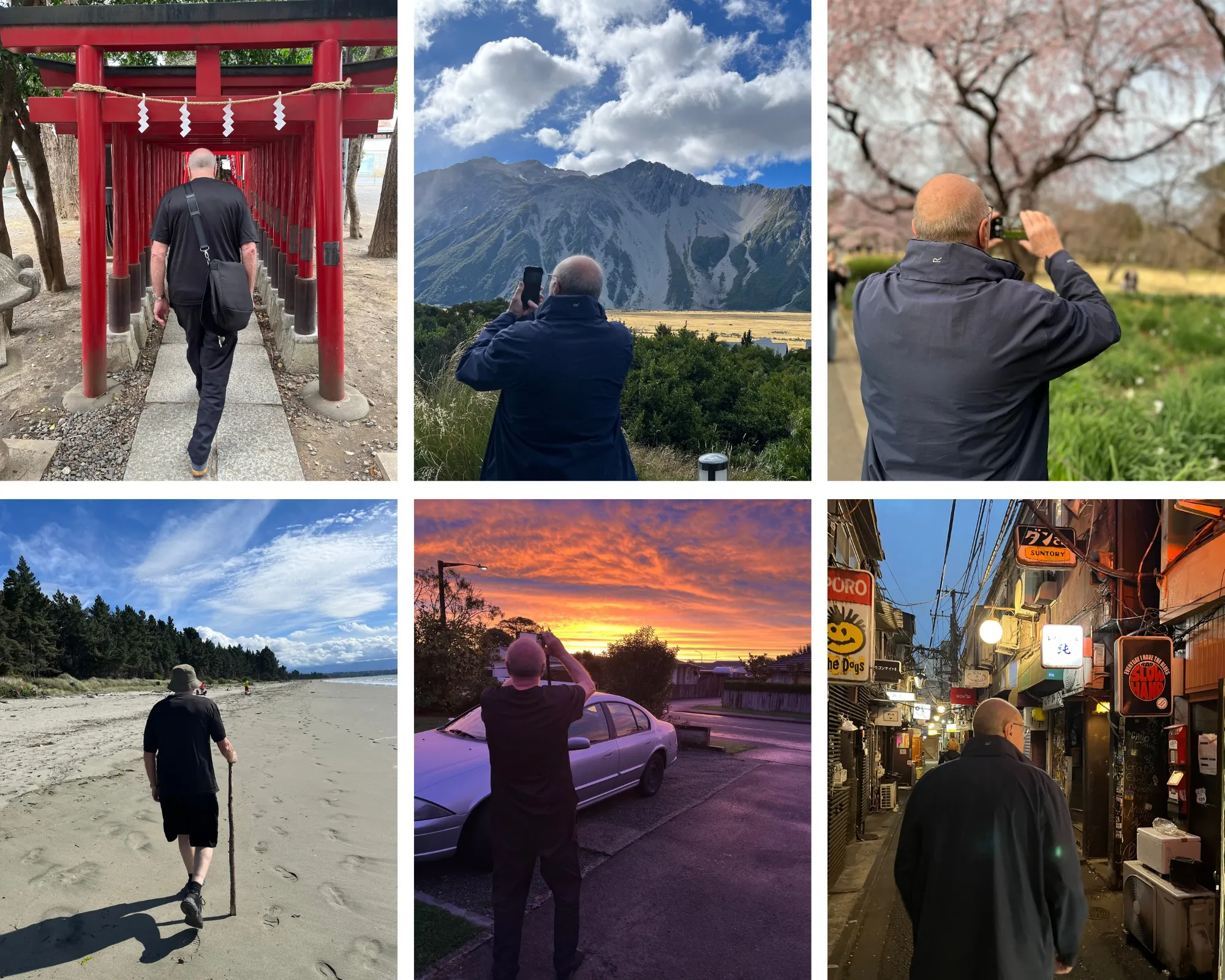 Six photographs arranged in a 2x3 grid, showing my uncle out and about on our travels. He's always pictured from behind. In three pictures he's walking, and in the other three, he's taking a photo using his smartphone.