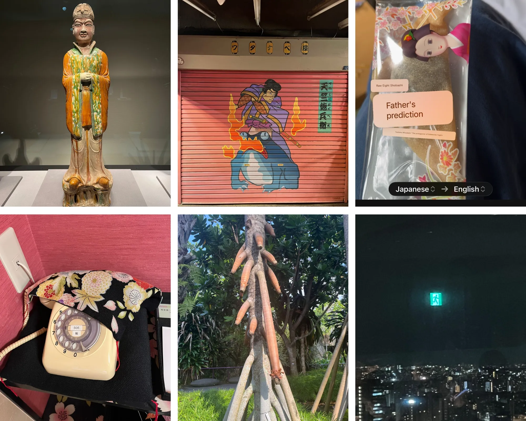 Six photographs arranged in a 2x3 grid. Left to right along the top: a statue, a mural of a fire-breathing frog and a screenshot from a translation tool. Left to right on the bottom: a phone underneath a cloth, a walking palm and the reflection of a sign in the night's sky.