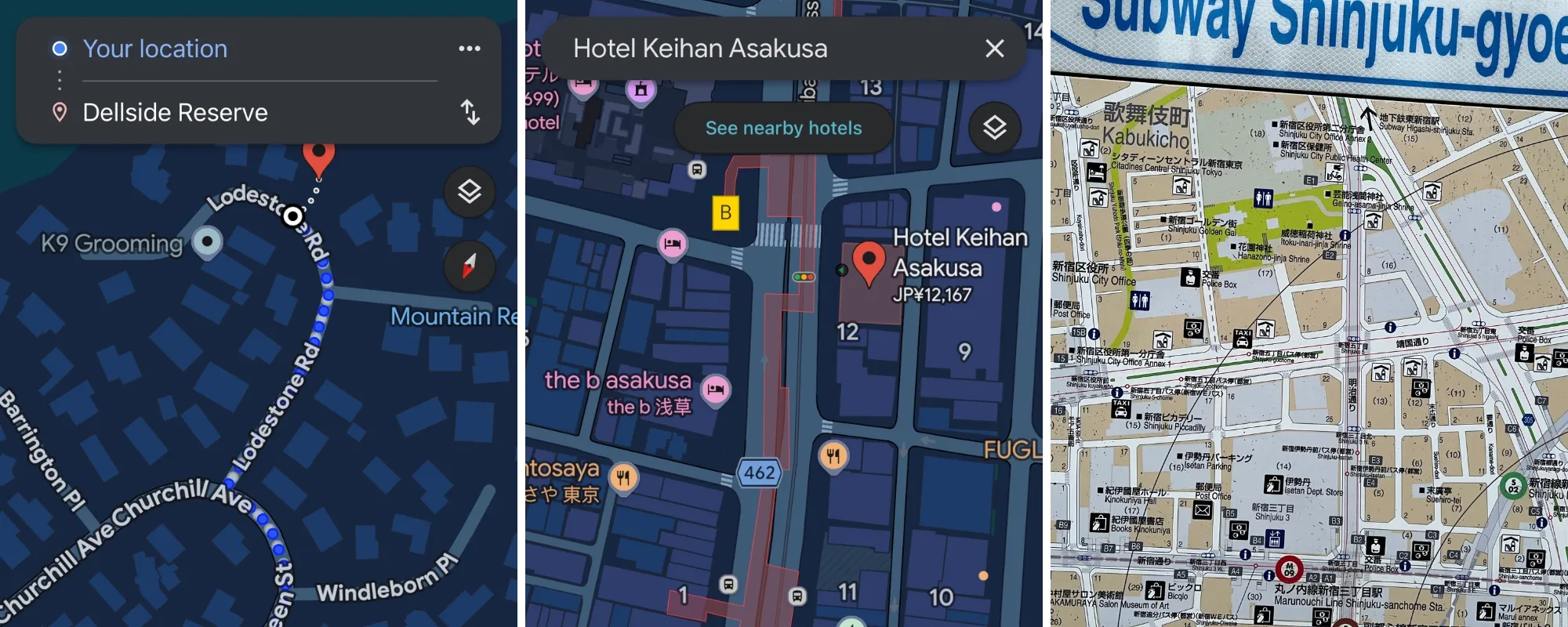 Three photos in a line. From left to right: a screenshot of Google Maps showing a street in New Zealand, a screenshot showing the location on Hotel Keihan Asakusa in Tokyo, and a photograph of a street map in Tokyo.