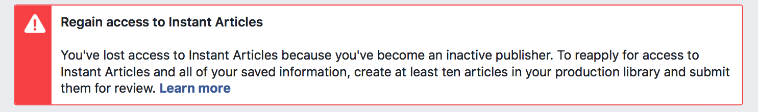 Facebook Instant Articles - inactive publisher