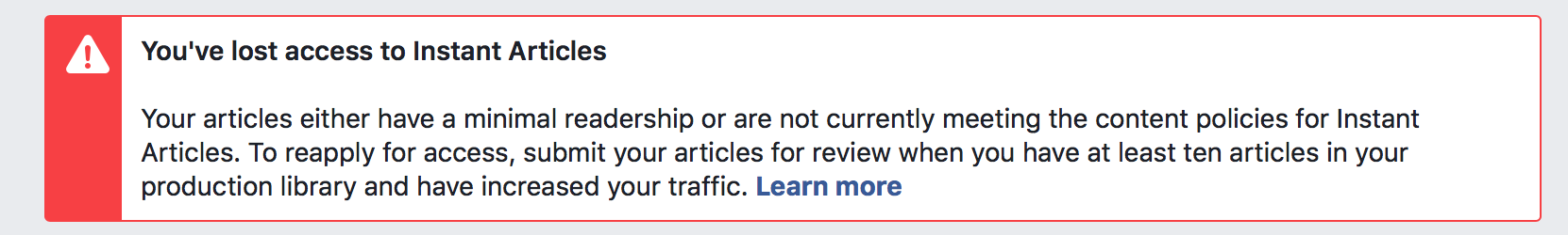 Facebook Instant Articles minimal traffic warning