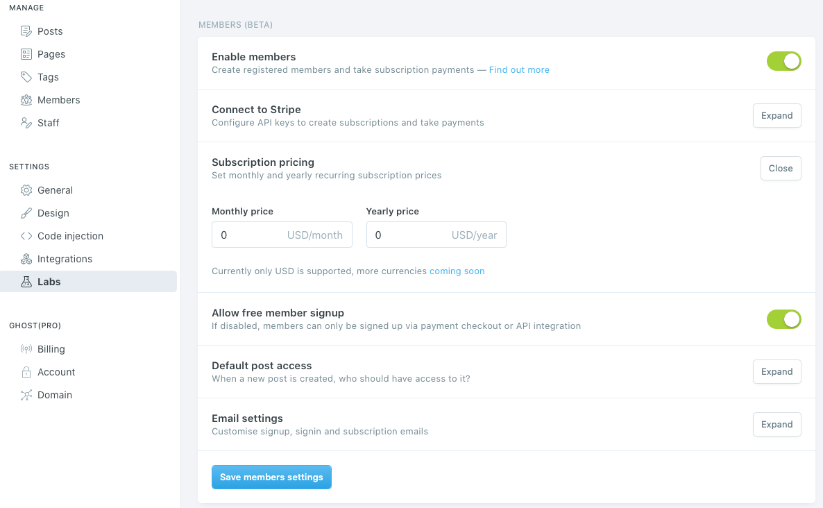 The membership management see settings in Ghost