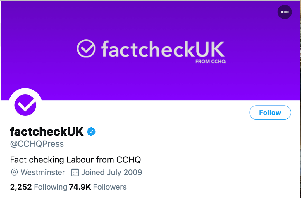 A screenshot of the Conservative HQ Twitter account masquerading as a fact check site